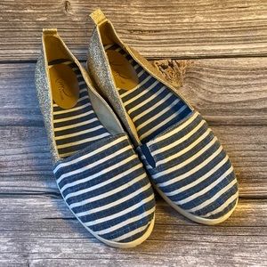 Kim Rogers Striped Linen and gold sparkle flats